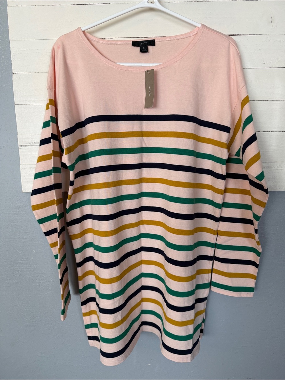 J. Crew Light Pink Long-Sleeve Striped Tee with Navy, Green & Mustard